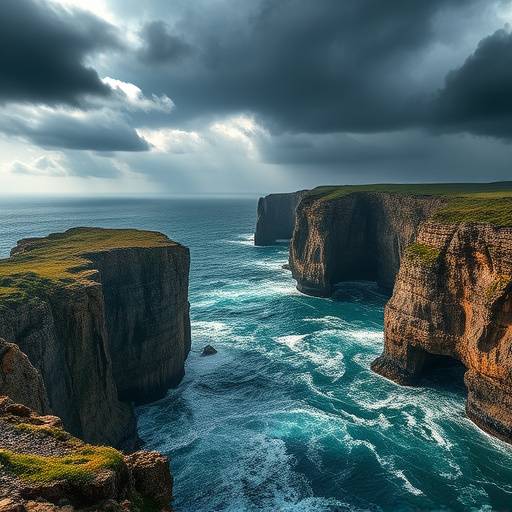 Dramatic Coastline - Rugged cliffs meeting the turbulent ocean under a stormy sky.