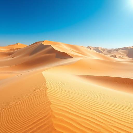 Vast Desert Landscape - Majestic sand dunes stretching to the horizon under a clear blue sky.